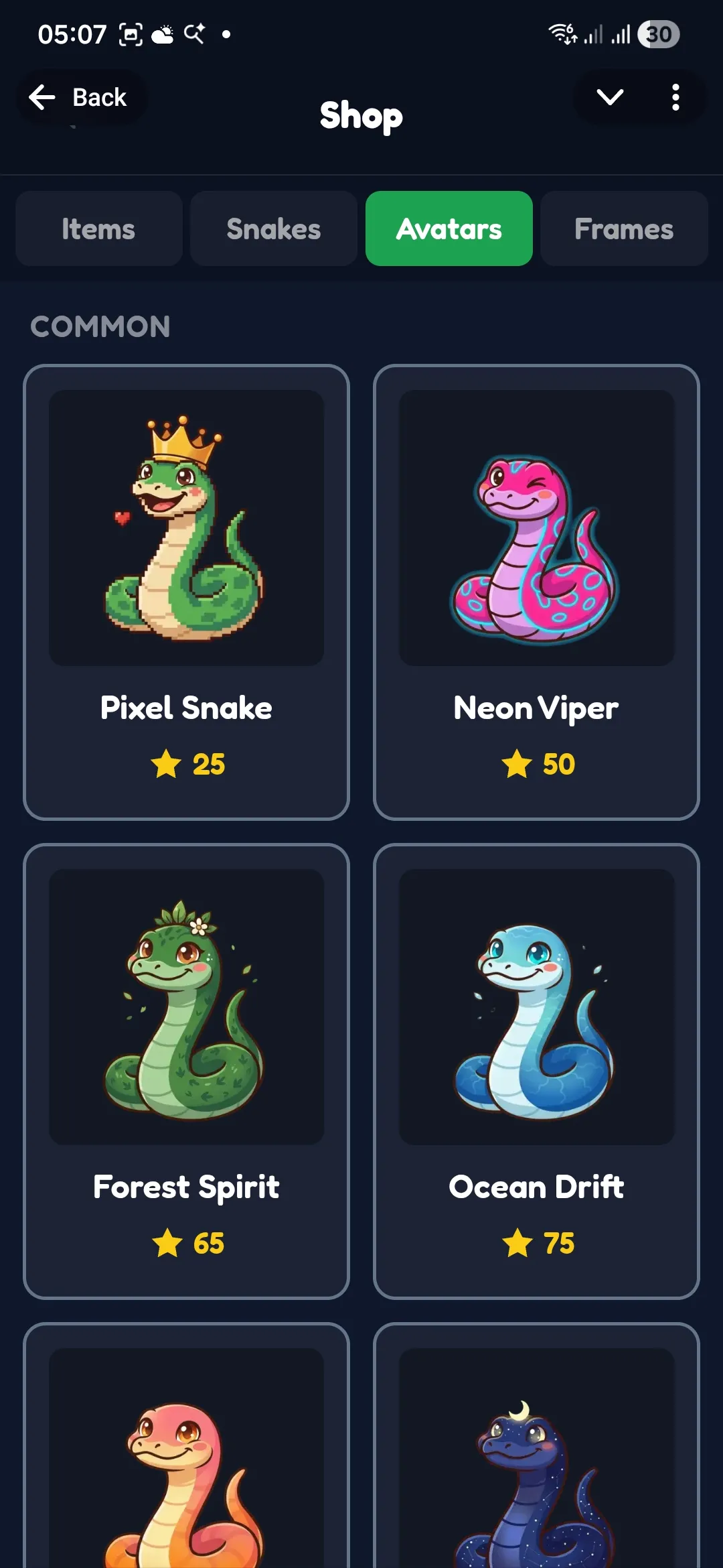 Avatars available in the shop