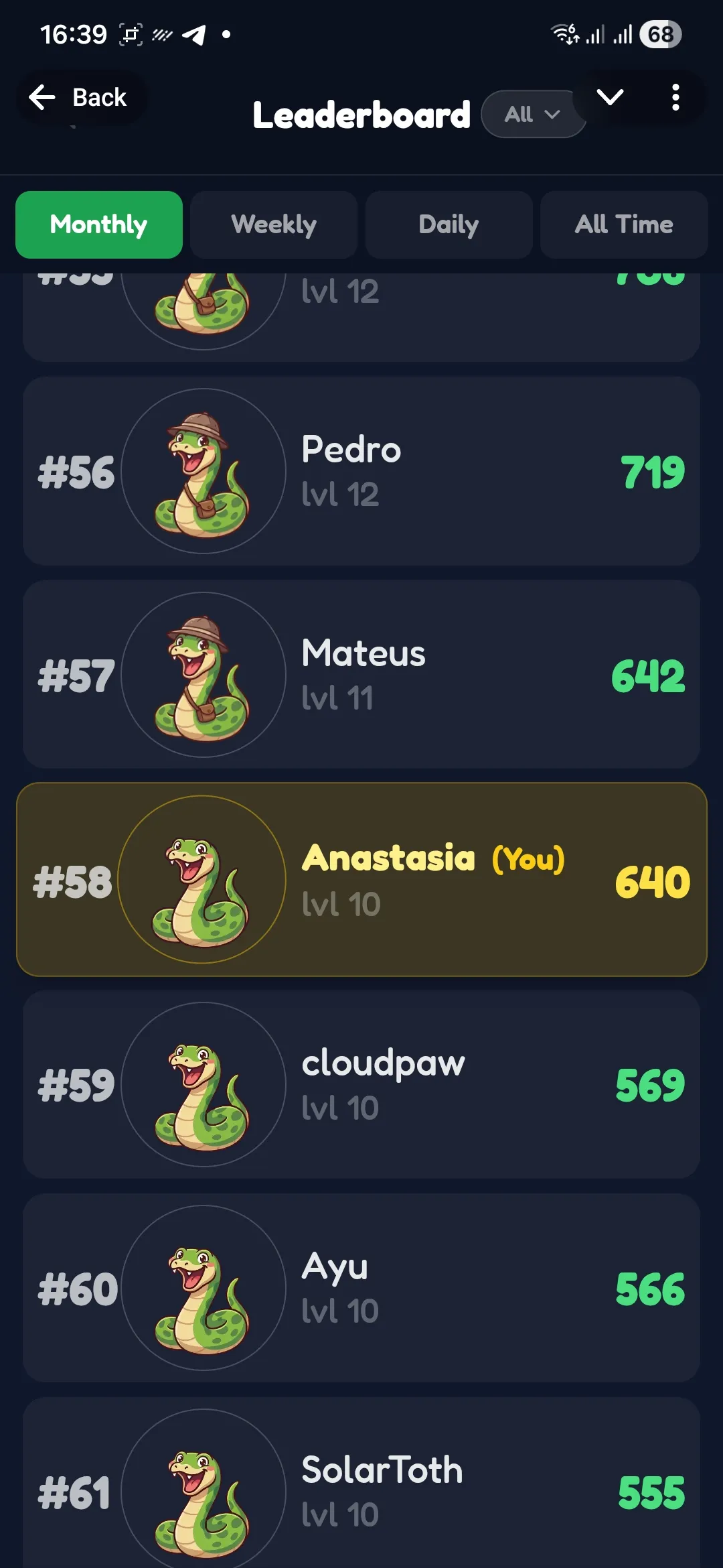 Global leaderboard showing player rankings